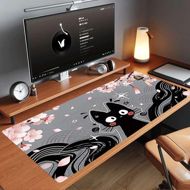Large Anti-Slip Rubber Mouse Pad, Cherry Blossom Bell Cat Illustration, Gaming Office Desk Mat, Perfect Holiday Gift