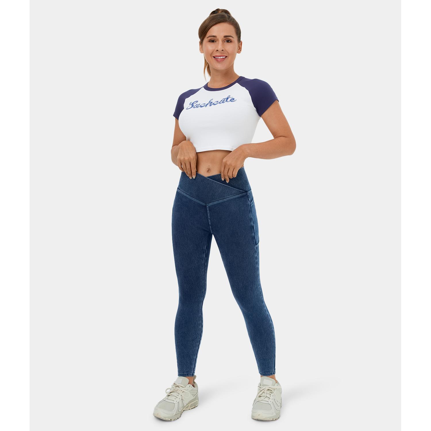 Halara Flex Crossover Side Pocket Washed Stretchy Knit Denim Work Leggings#TikTokShopBacktoSchool