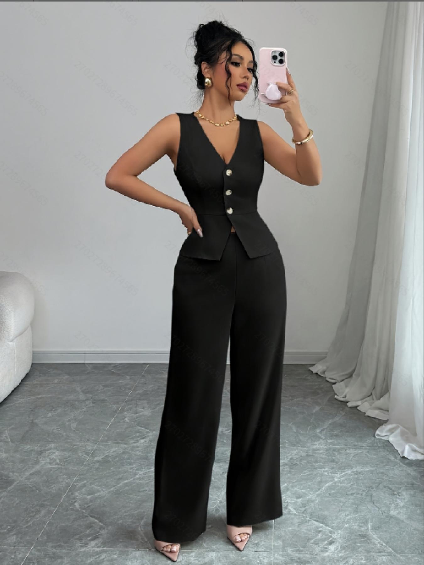 YYT1 A women's Chic Sleeveless Vneck luxury waist cinched Fitted suit vest set, Pants Top Set, same color scheme, suitable commuting, shopping, outdoor activities, Fitted clothing set