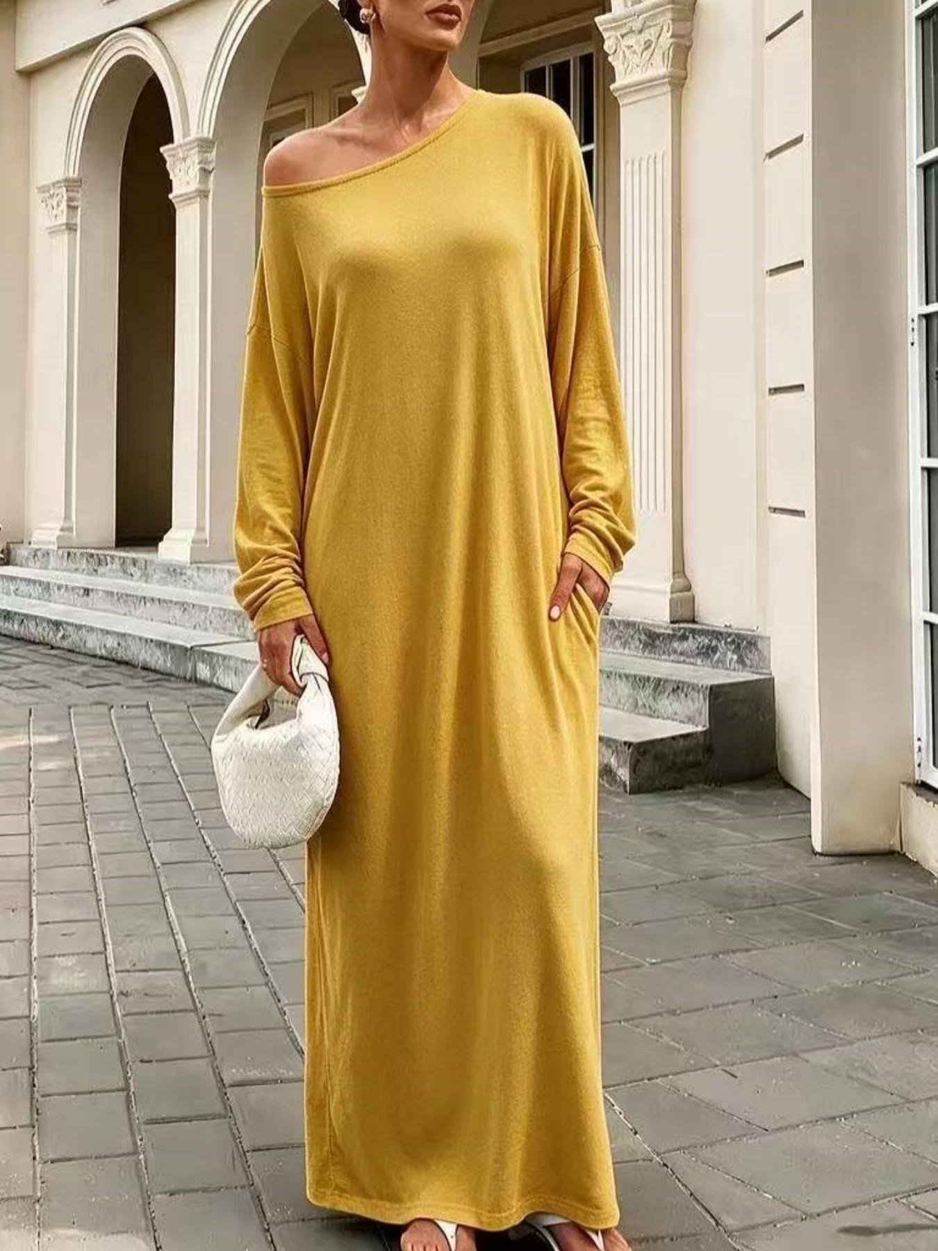 Women's New Loose Long Sleeve Asymmetrical Neckline Dress, Elegant Solid Color Casual Street Style, Minimalist Fall Fashion Long Dress