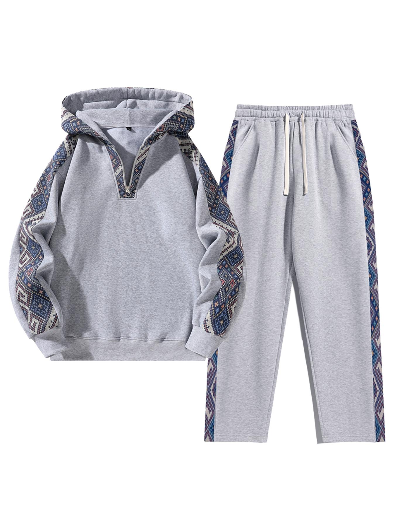 Men's Plain Two-piece Sweatsuit Set, Basic Regular Fit Casual Drop Shoulder Half Zip Zippers Long Sleeves Fitted Hoodie & Pocket Drawstring Elastic Sweatpants, Men's Clothing