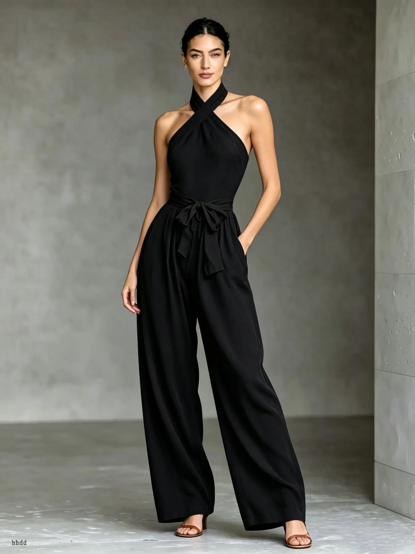 Women's Cross-Over Wrap Halter Jumpsuit, Detachable Straps, Wide Leg, Side Pockets, Breathable Summer Sleepwear & Loungewear, Casual & Vacation Wear