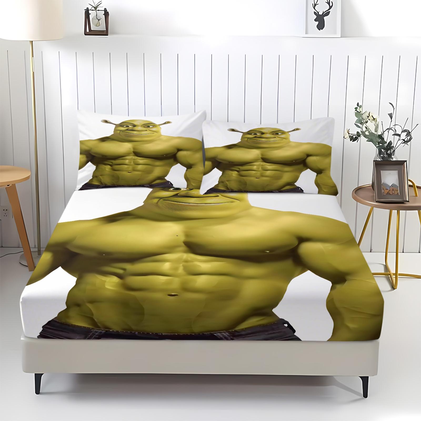 3 Piece Shrek Pattern Fitted Sheet Set, Soft And Durable Bedding Set, Including 1 Piece Flat Sheet And 2 Pieces Pillowcases, Suitable For Children And Adults Daily Holiday Birthday Gifts Bedroom Decorations