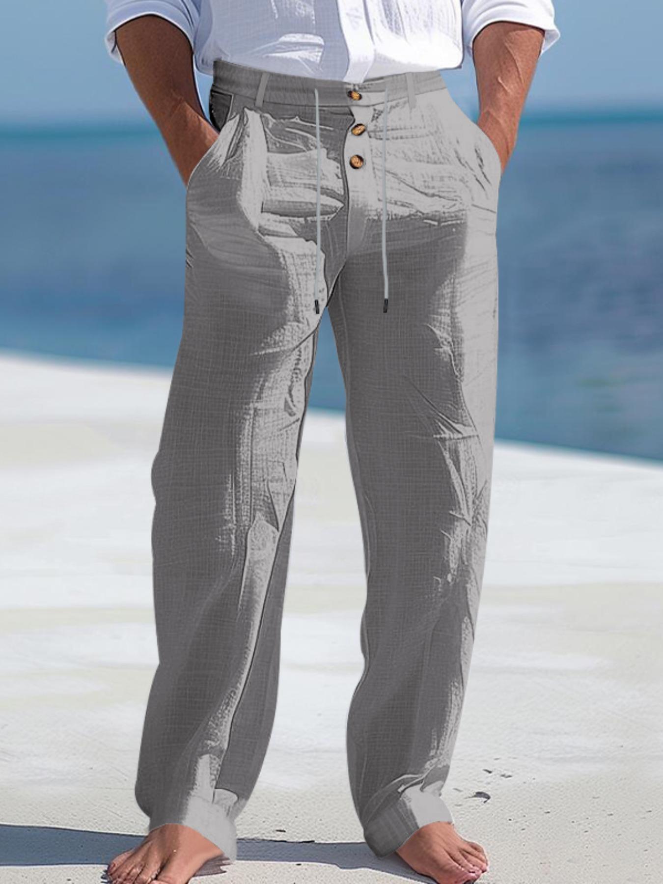 Men's lightweight casual sportswear pants, featuring drawstring and multi-button design, stylish linen woven straight-leg trousers