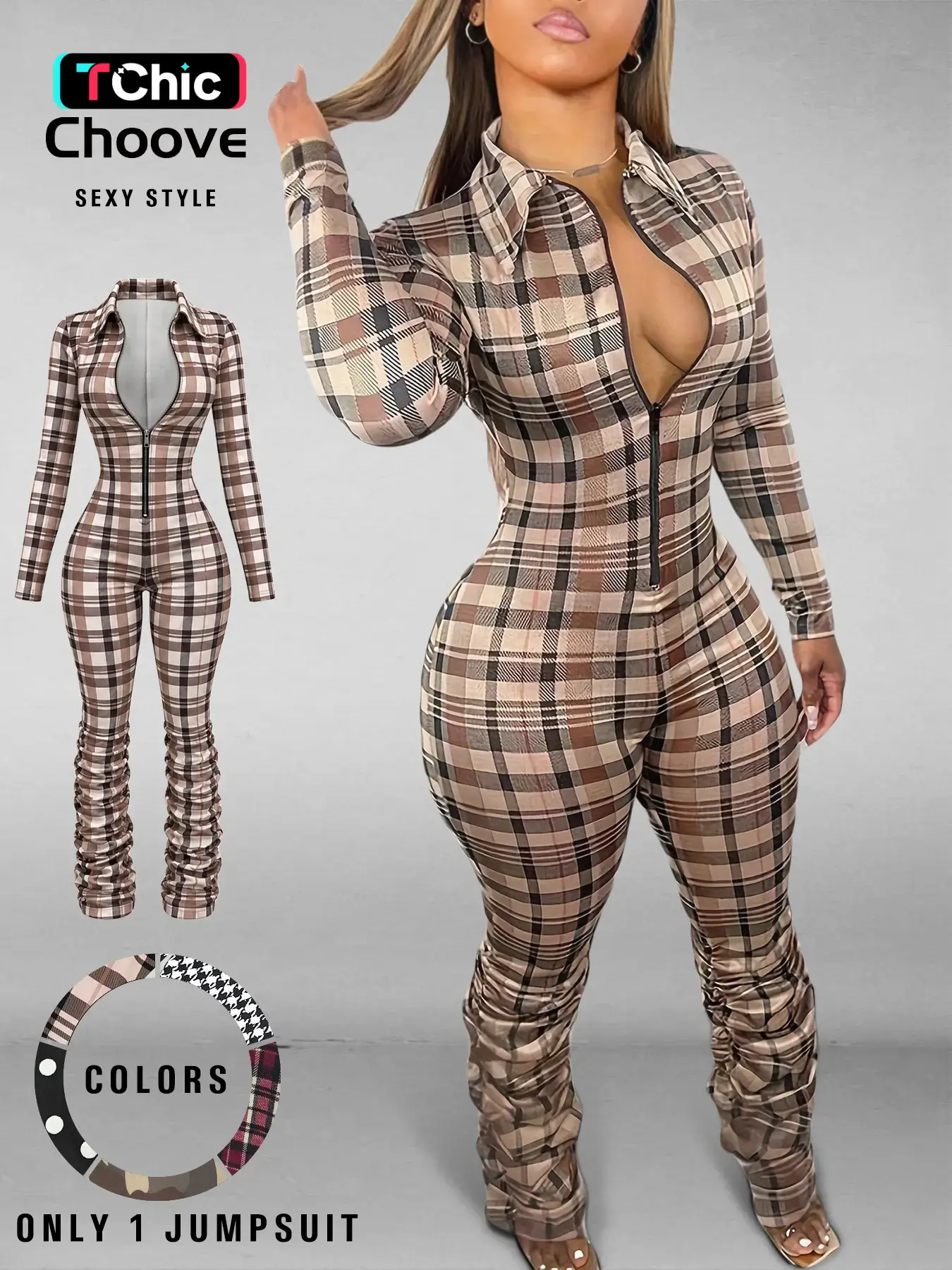 Women's Sexy Casual Plaid Bodycon Jumpsuit with Collared, Zipper Front & Ruched Design, Tight-Fitting Long Sleeve Jumpsuit for Fall & Winter, Womenswear Fitted, Snatched Jumpsuit