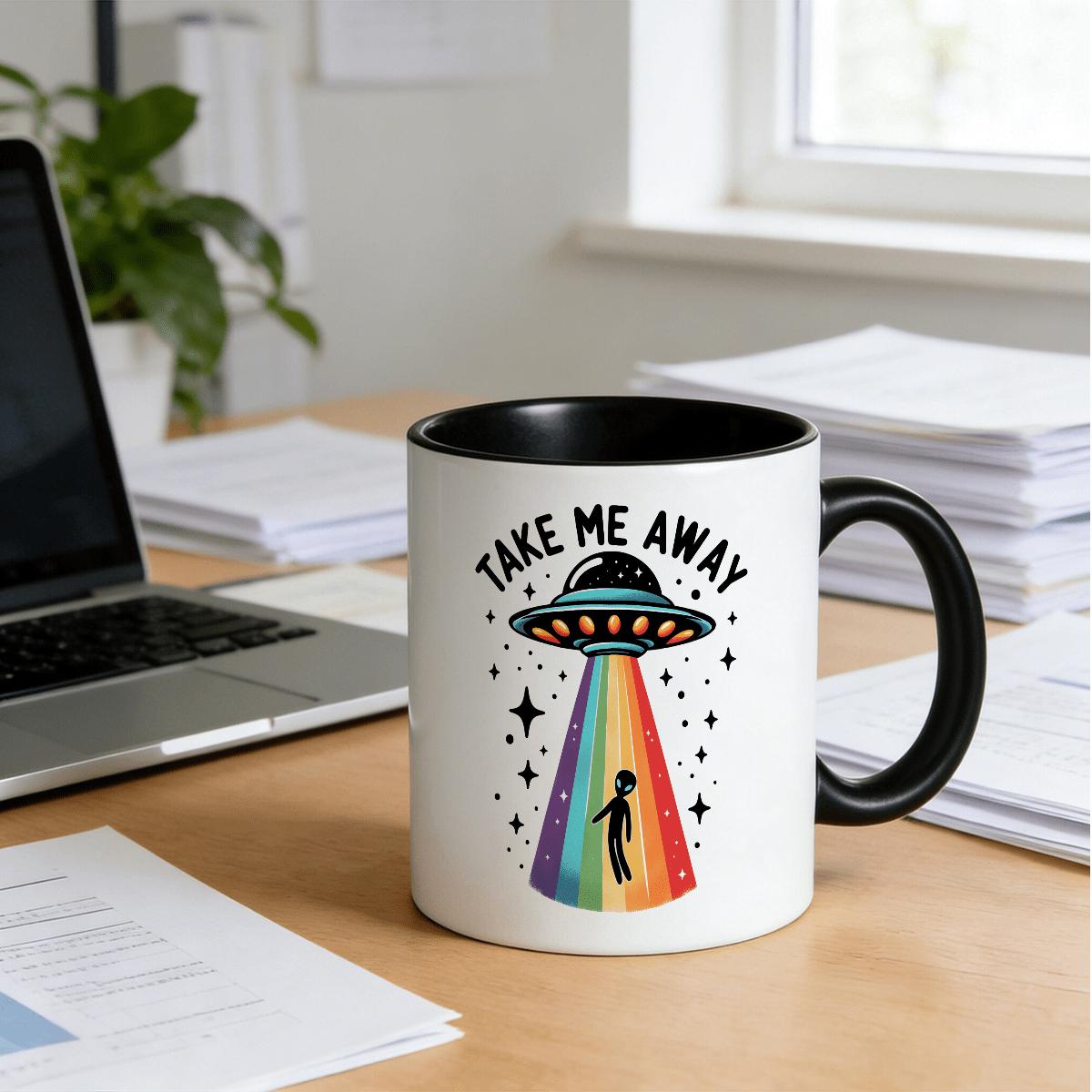 11oz Ceramic Alien Theme Single Mug - Modern Take Me Away Spaceship Design, Rainbow Accent, Smooth Finish Kitchenware Drinkware, Unisex Birthday Gift Drink