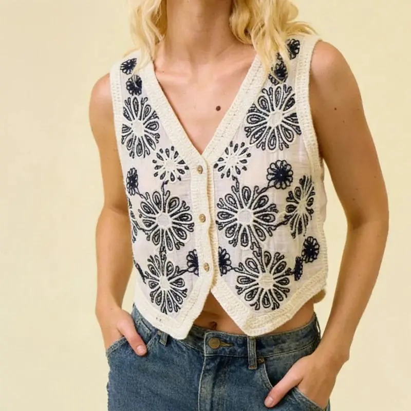 Floral Embroidered Crochet Vest Button Down V-neck Sleeveless Waistcoat Jacket for Women Summer Beach Tops Boho Festival Resort
