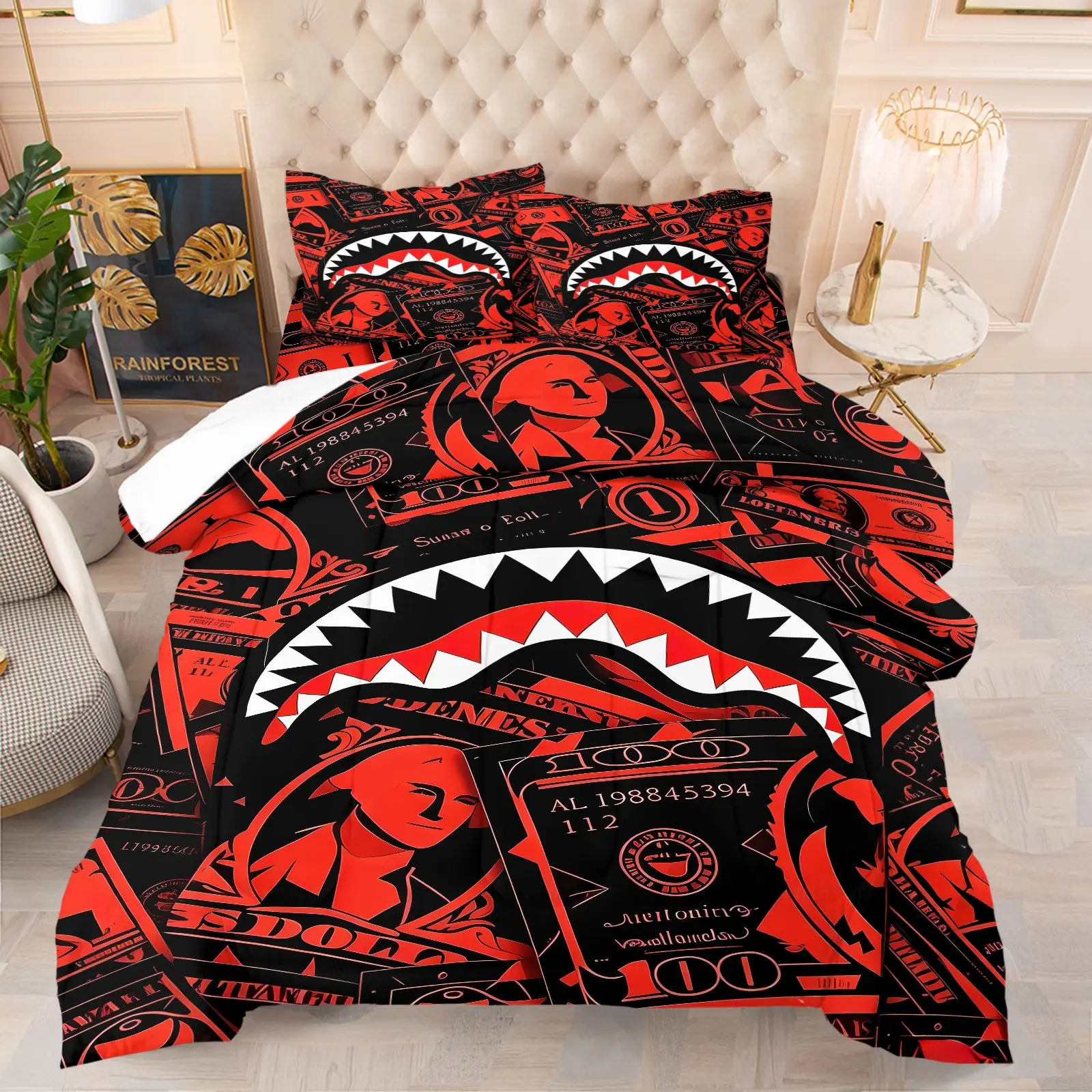 Hip Hop Red Black Shark Mouth Dollar Bill Comforter Set (1 Comforter + 1-2 Coreless Pillowcases), Soft Comfy Durable Washable, All Season Microfiber Bedding, Cool Money Print Decor Bed Set, Ideal Gift for Streetwear & Hip Hop Lovers