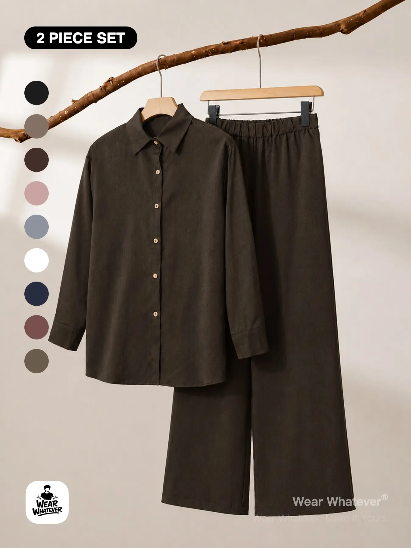 Two-Piece Set Women’s Relaxed-Fit Shirts & Wide-Leg Pants, Casual Chic Solid Color Co-ord Set