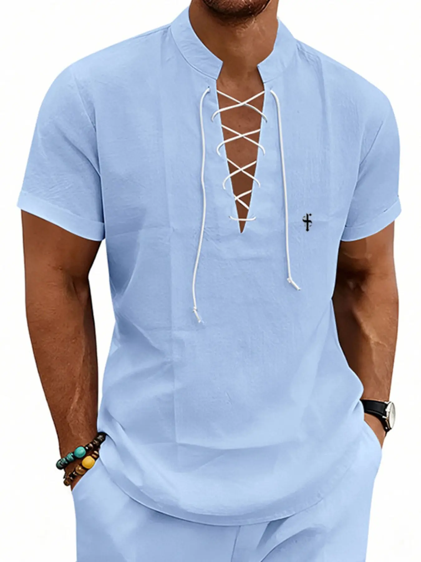 Men's Lightweight Breathable Linen Long Sleeve Shirt with Drawstring Neck, Casual Plain Polo Shirt for Spring & Fall, Perfect for Daily Commute or Vacation