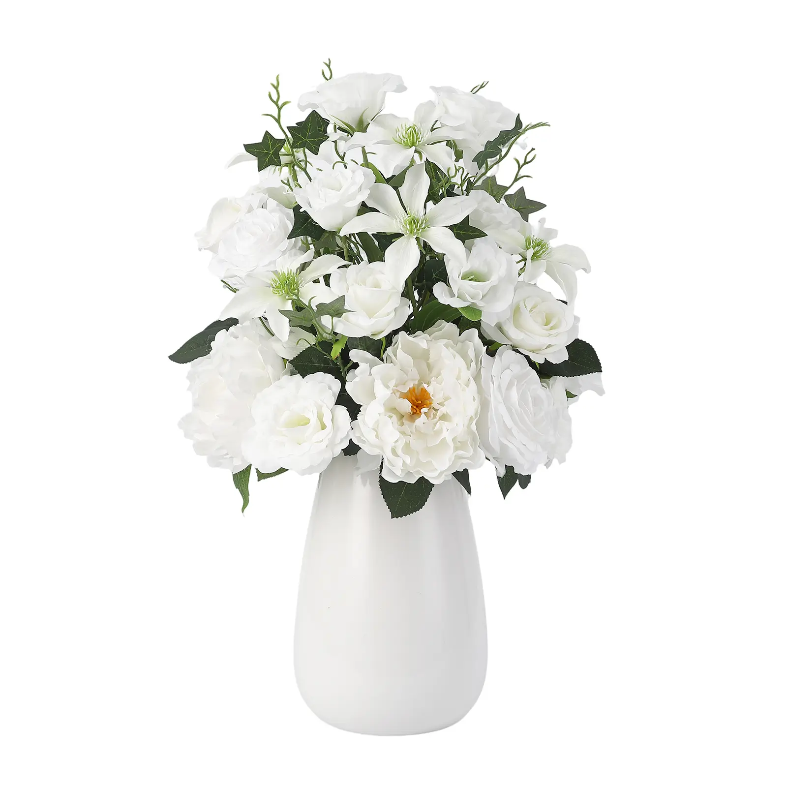 Elegant Pre‑made Artificial White Rose and Peony Bouquet With Ceramic Vase, Lifelike Faux Flowers Featuring Flexible Bendable Stems, Versatile Table Centerpiece for Living Room, Office, Wedding and Gifting‑use Home Decor