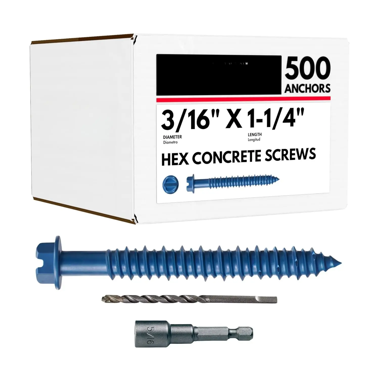 3/16" x 1-1/4" Hex  Blue Concrete Screw Anchor with Drill Bit & Driver (Box of 500) | Masonry Screws for Concrete, Block, and Brick