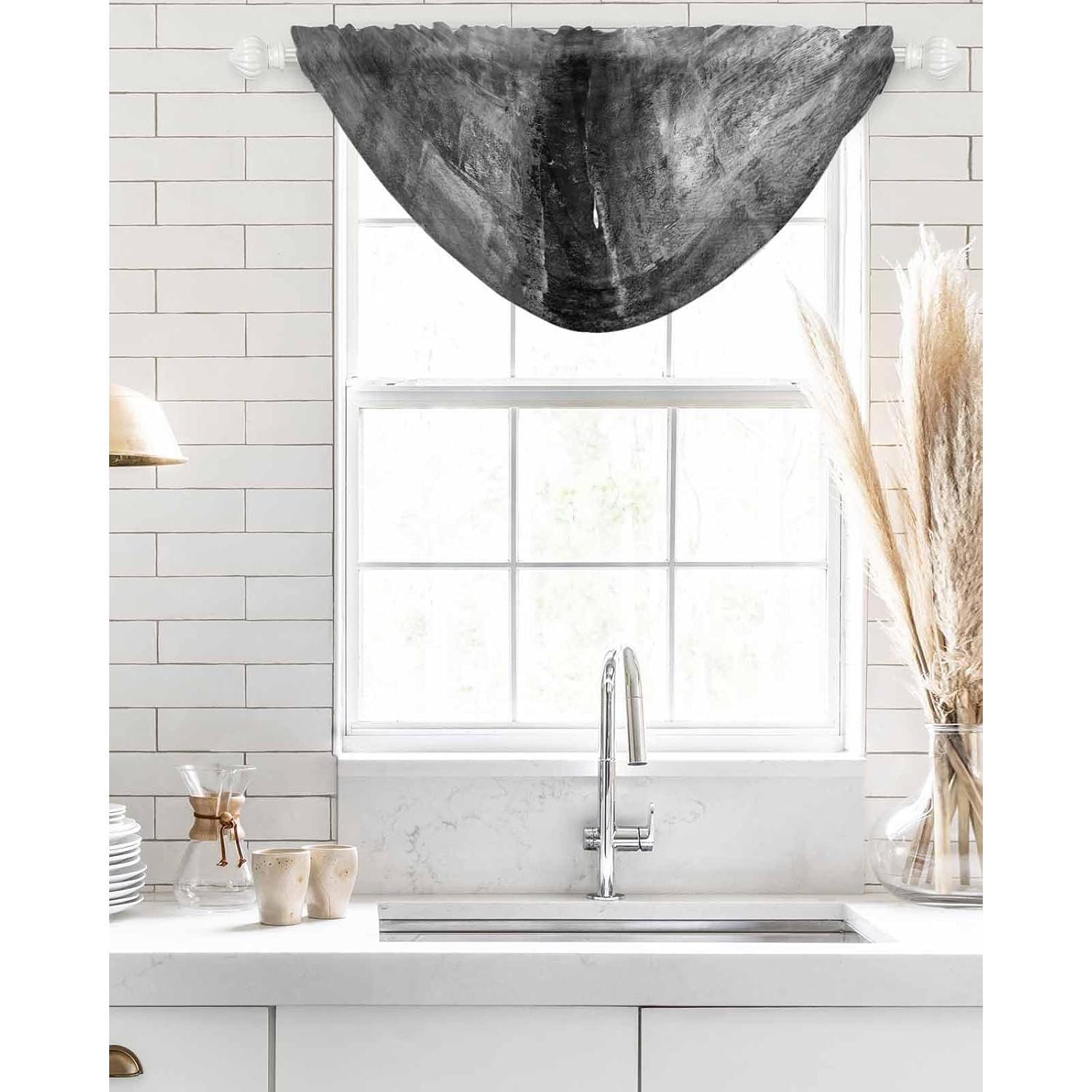 Rustic Black Waterfall Valance Curtains for Window, Retro Grey Ombre Sheer Valances Rod Pocket, Oil Modern Painting Voile Topper Swag Curtains for Living Room, Kitchen 38.5"W x .2"L, 2 Panel