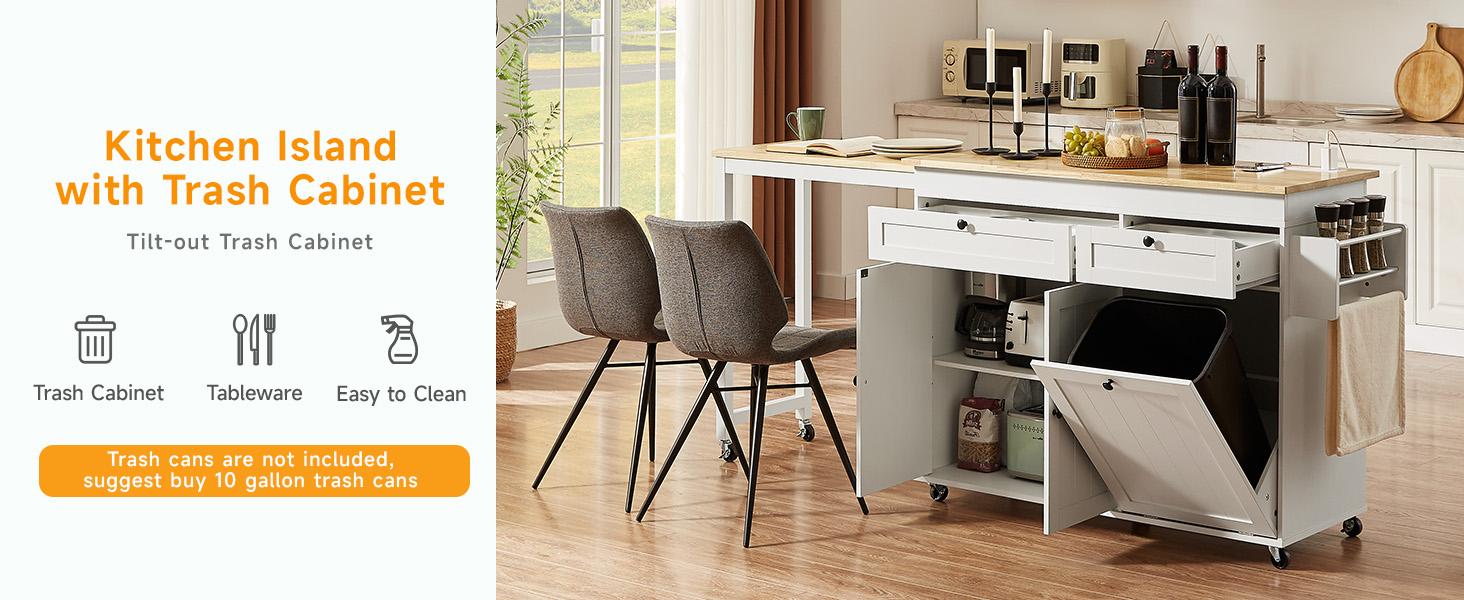 【SPOTLIGHT DAY】ONBRILL 60" / 81.7" Kitchen Island with Power Outlet & Drop Leaf, Kitchen Rolling Island with Spice Rack & Towel Rack, Knife Holder, Kitchen Island Cart with Trash Storage Cabinet, Mobile Island Table for Kitchen