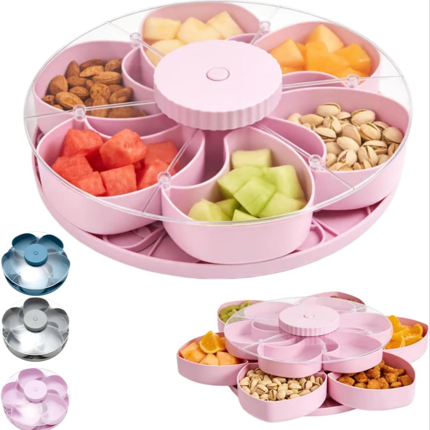 Stackable Snack Box Container with Lid, Rotating Round Vegetarian Tray, Portable Fruit Candy Storage for Kitchen, Party, Travel, Picnic