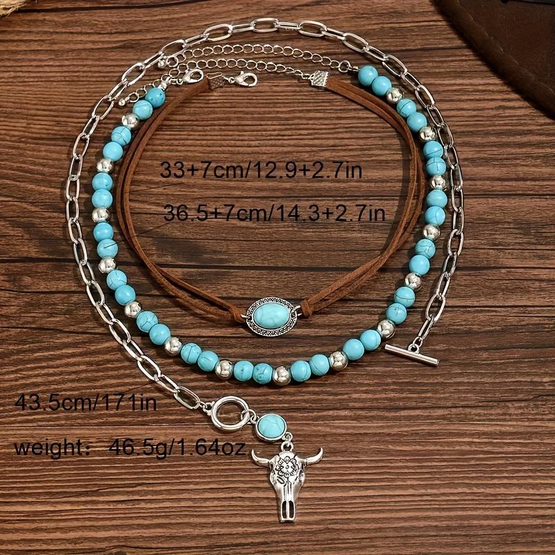 3Pcs Vintage Bohemian OT Chains - Bull Head Cap - Beaded Necklace - Western Cowboy Ethnic Style Women's Fashion Pendant Necklace