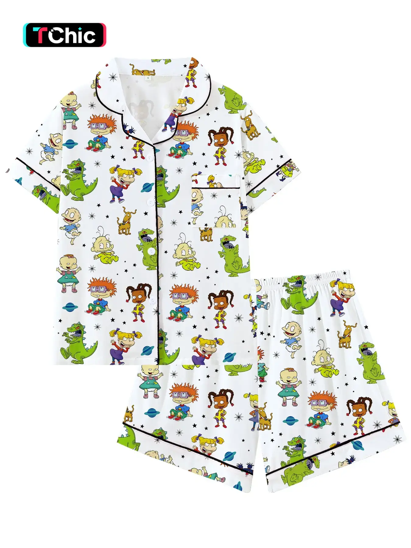 Women's Cartoon Print Pajama Set, Cute Dinosaur Short Sleeve Button Sleepwear, Soft Contrast Binding 2-Piece Summer Home