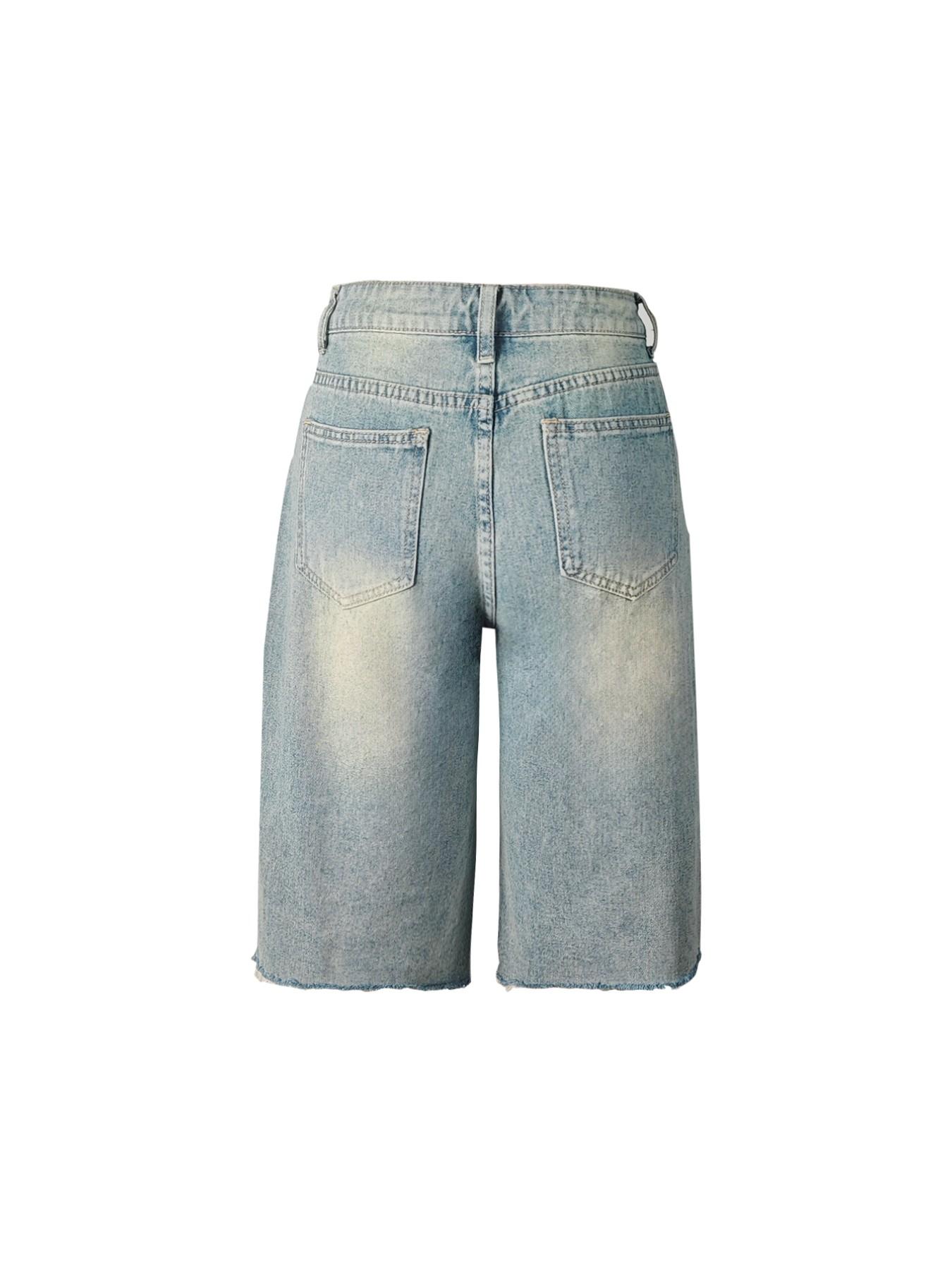 Vintage Washed Studded Wide-Leg Denim Jorts, Raw Hem High-Waisted Bermuda Shorts, Perfect for Brunch Dates & City Chic