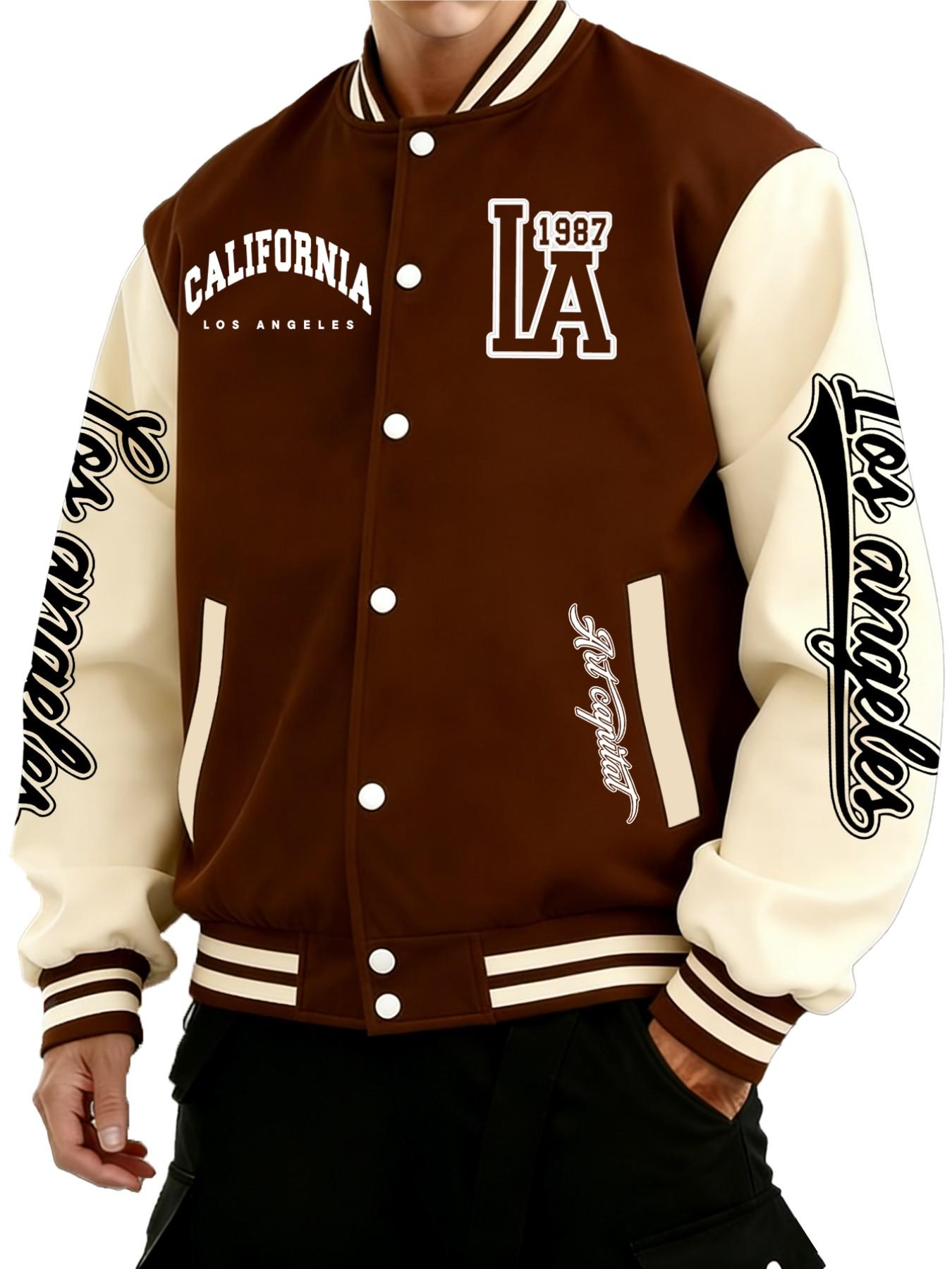 Men's Los Angeles Baseball Jacket with California Letter Print, Button Closure, All-Season Outerwear, Comfortable Stretch Fabric