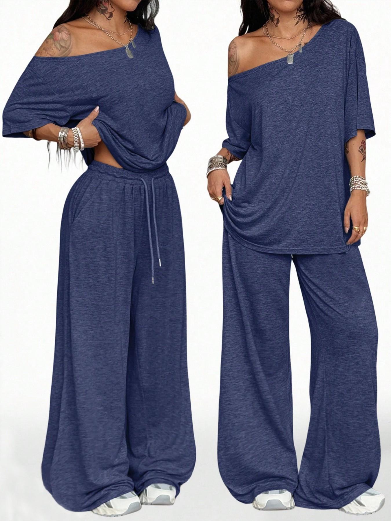 Women's Casual Solid Color Sport Two-Piece Set, Loose Long Pants & Wide Leg Slant Neck Pant Suit, Spring & Fall Fashion