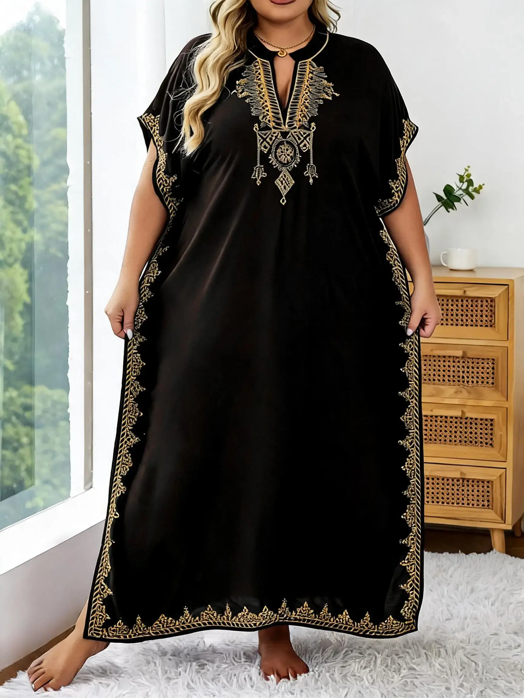 Plus Size Women's Embroidered Kaftan Maxi Dress, Boho Ethnic Notched Neck Batwing Sleeve Split Caftan, Modest Muslim Summer Gown