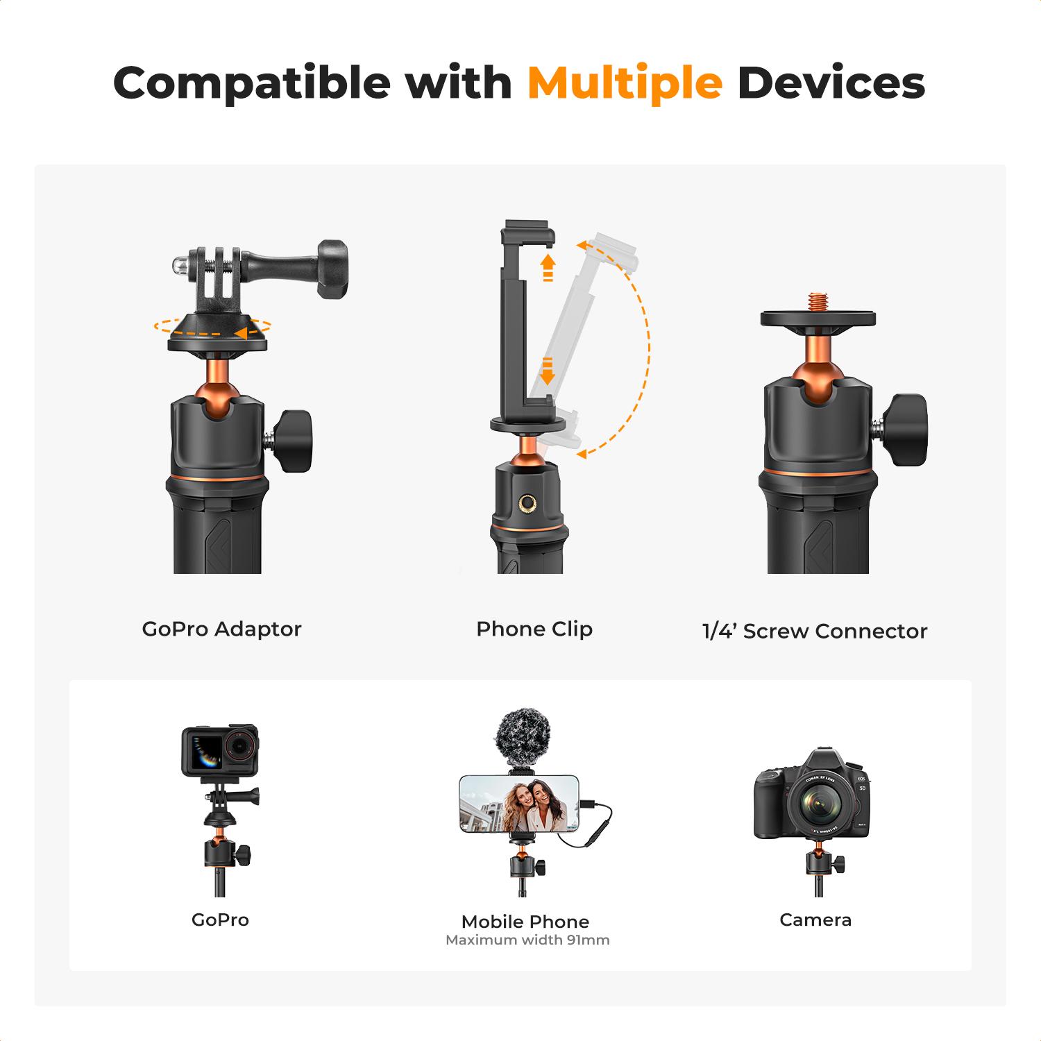 【K&F CONCEPT】All-in-One Extendable Selfie Stick Tripod for Smartphones, GoPro & DJI Cameras. 60cm/24" Foldable Handle with Ball Head for Vlogging, Travel, Live Streams.  GoPro Hero 13/12/11/10/9/8/7/Max, DJI Osmo Action 5/4/3, Pocket 3.