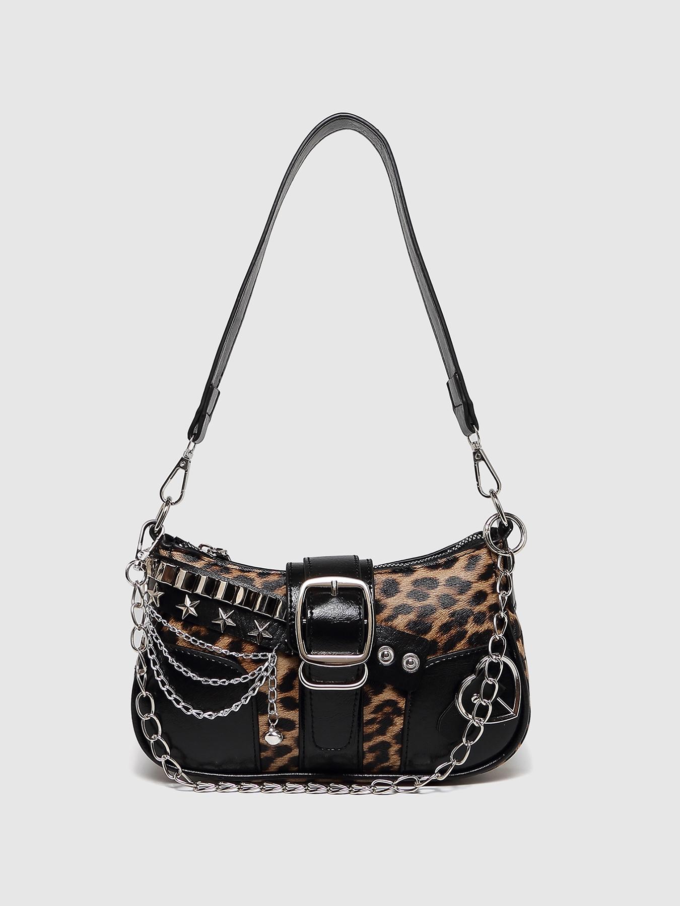 Women's PU Leather Embellished Shoulder Bag, Vintage Leopard Print Colorblock Crescent Clutch, Y2K Style Chain Decorated