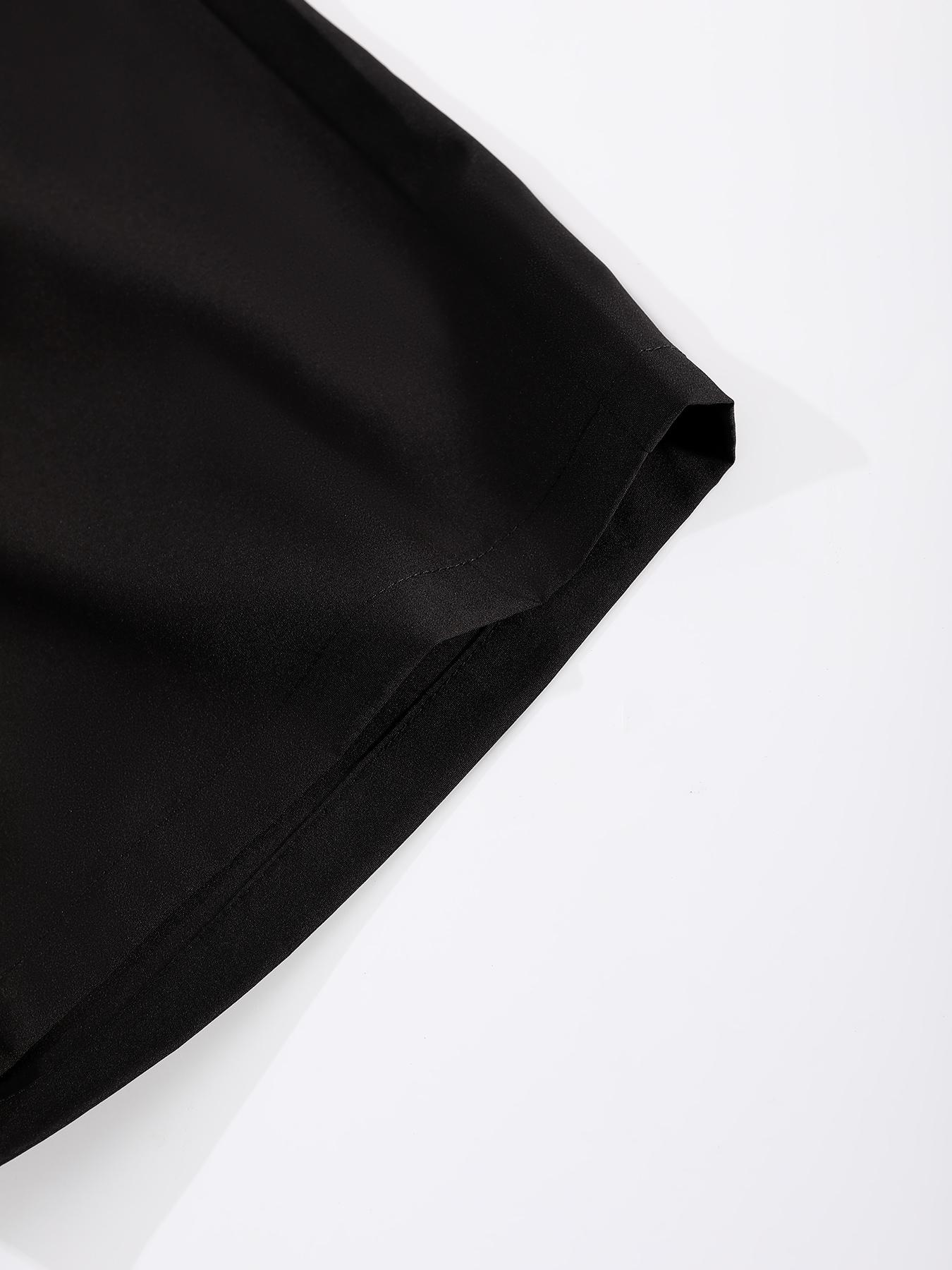 Men's 2-Piece Summer, Tropical Casual Set - Beige Short-Sleeve Button Shirt with Black Palm Tree Print & "Summer" Embroidery + Black Drawstring Waist Shorts, Lightweight Breathable Fabric, Relaxed Fit, Versatile for Beach Vacations, Weekend Wear