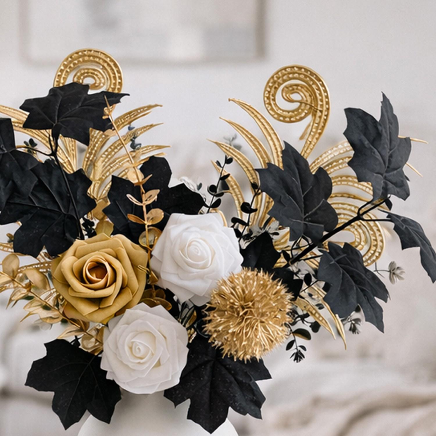 Beautiful Realistic Artificial Flower Bouquet, Maple Leaf, Gold Rose, Rose, Eucalyptus, Ideal for Weddings, Parties, Gifts