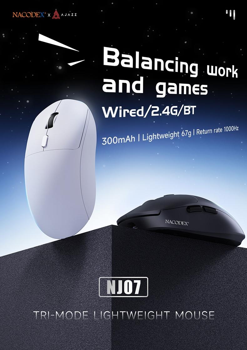 NJ07 Wireless Office Mouse AJAZZ Soft Tone Button the third mock examination Computer Office Mouse 1kHz Rate of Return Game Mouse 2.4G Wired BT Six gear DPI Adjustment 12800 Lightweight 67g Office Supplies Multi scenario Application