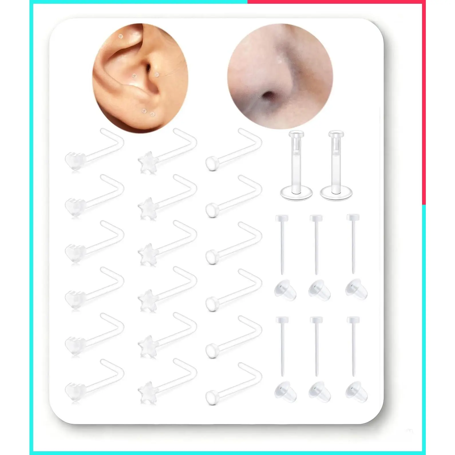 18g 20g 16g Clear Bioflex Nose Studs & Nose Rings – Invisible Plastic Ear Piercing Retainers for Work, Surgery, Sport, School, Small Tragus Cartilage Labret Lip Spacers