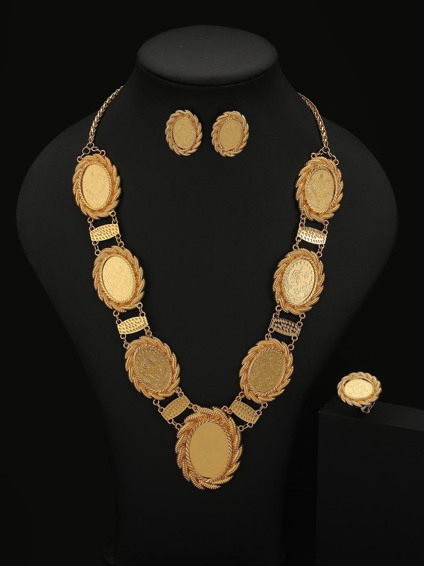 Vintage Turkish Oval Gold Coin Jewelry Set, 18k Gold Plated Luxury Exotic Accessories, Casual Stainless Steel Chain, All Seasons