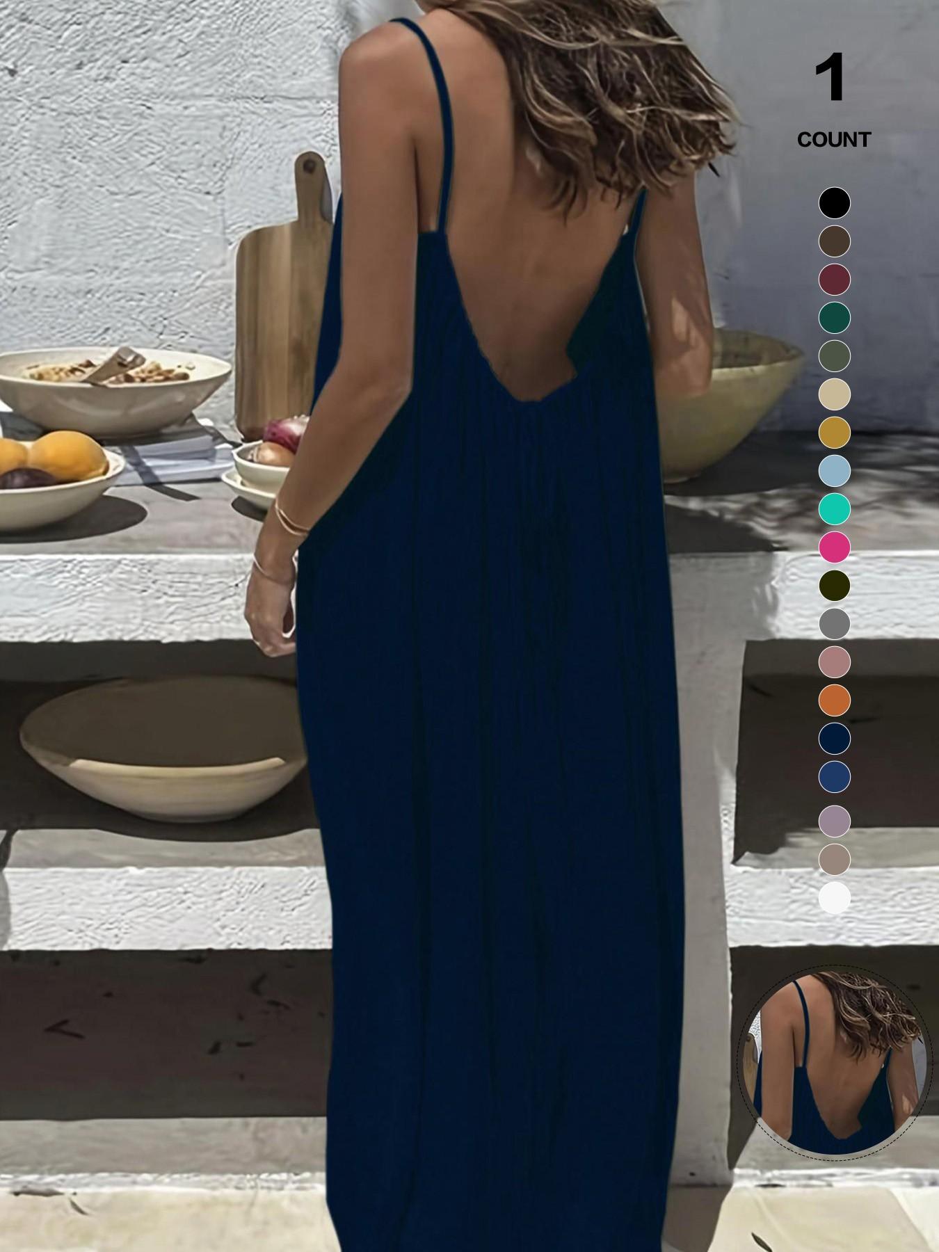 Boho Style Backless Maxi Dress, Spaghetti Strap Low Back Design, Flowy A-Line Cut, Ideal for Spring & Fall Seasons