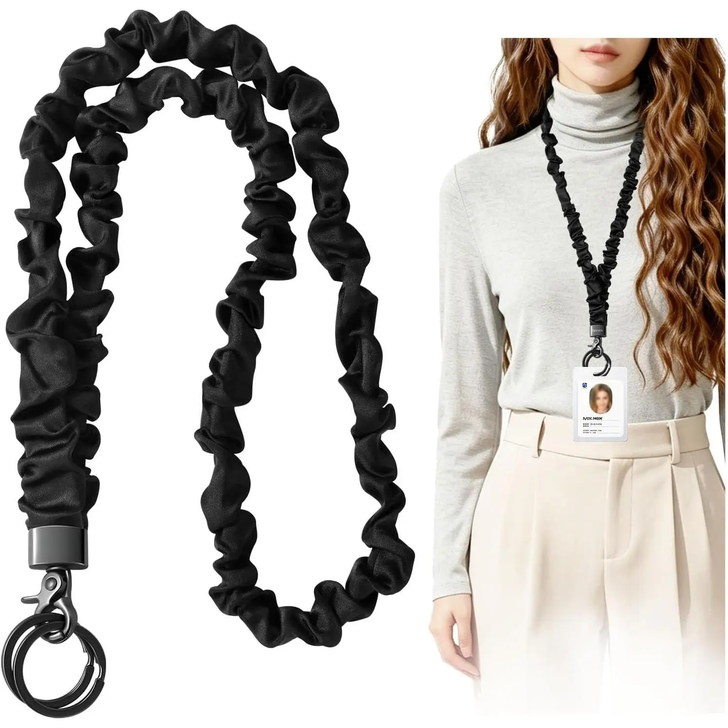 Scrunchie Teacher Lanyard for ID Badges Stretchy  Lanyards Key | Badge Lanyard for Key, Lanyard for Id Card, Scrunchie Lanyard for Women, Long, Work,  for , Teachers, Black