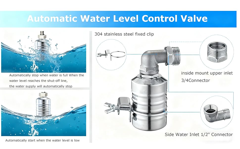 2 pcs Float Valves - Stainless with 1/2in & 3/4in for Fish Tanks, Swimming Pools, Livestock Troughs