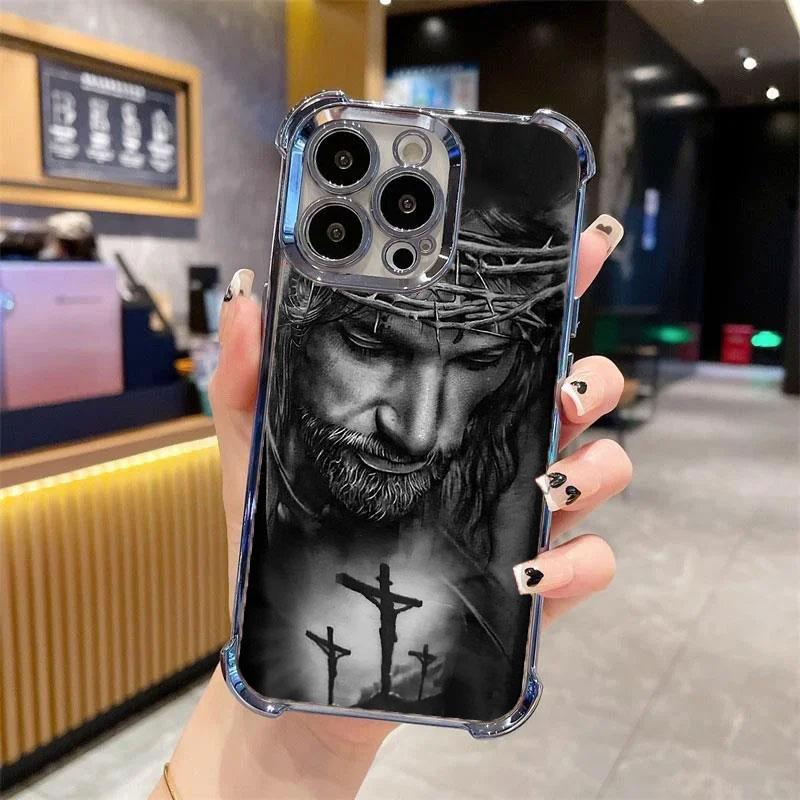 Jesus Clear Protective Four Comers Air Cushion Anti-drop CellPhone Case Clear BracketPhone Case for iPhone 16 15 14 13 12 Pro Max 15 14 Plus Four Corners Cases #IPYS6