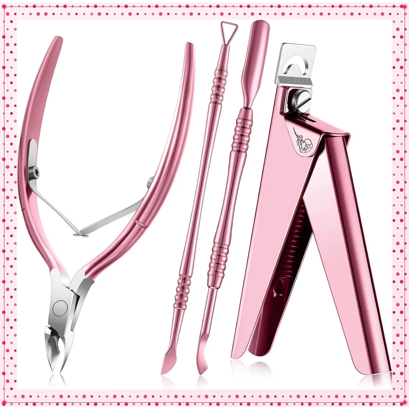 4 Pcs Stainless Steel Manicure Pedicure Tools Set - Acrylic Nail Clippers, False Nail Tips Cutter, Cuticle Trimmer Nipper Pusher Remover, Pink Rose Design, Salon Home UseGift