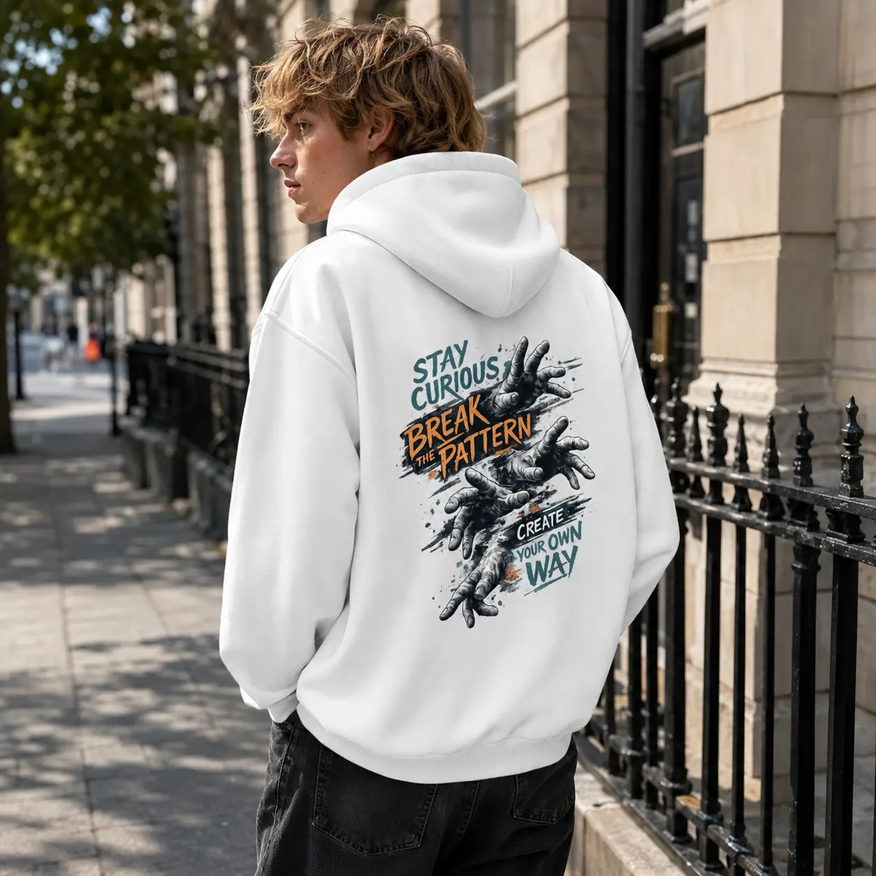 Men's Stay Curious Graphic Hoodie - Menswear Tops with Ribbed Details, Kangaroo Pocket, Premium Fabric, Motivational Break the Pattern Back Print Pullover Sweatshirt