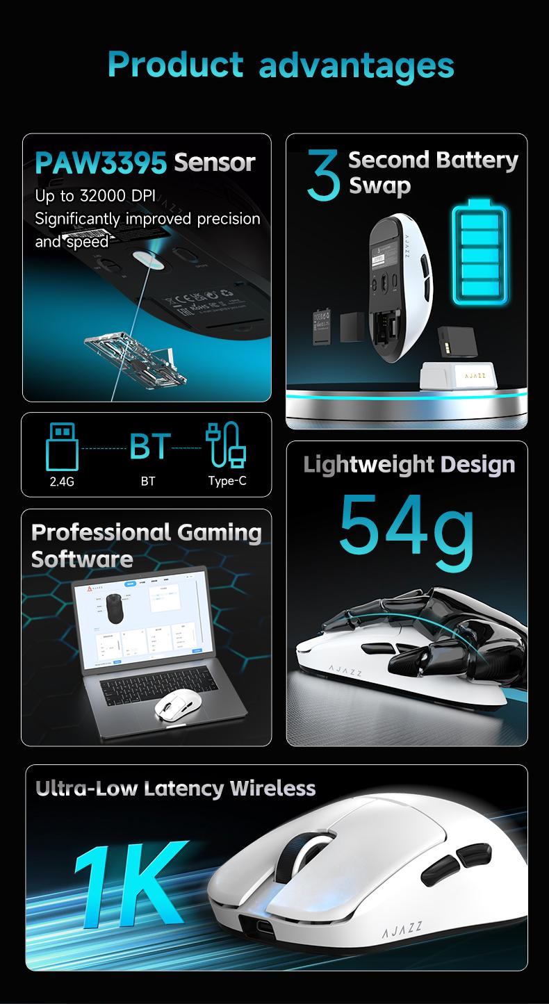 AJAZZ AJ159 V2 Wireless Game Mouse Second Battery Swap Instant Full Power Professional Competitive Drive Game PAW3395 Sensor the third mock examination Computer Office Mouse DPI32000 supports multiple systems for games and office Gaming Pc Accessories