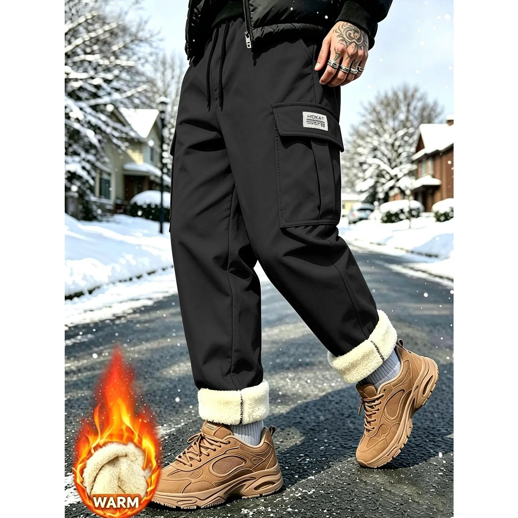 Men's Fleece Lined Workwear Running Pants - Elastic Drawstring Waist Warm Casual Pants, Suitable for City Street Hiking in Winter, Daily/weekend Casual Wear with Fleece Lined Pants