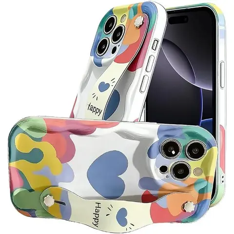 Curly Wave Phone Case with Stand Hand Strap for iPhone 18 Pro Max 18 Pro 17 Pro Max 16 15 14 13 12 Pro Max Retractable Finger Grip Wristband Shockproof Soft TPU Cover,Aesthetic Dopamine DoodlePhone Case for iPhone 18 Pro Max 18 Pro