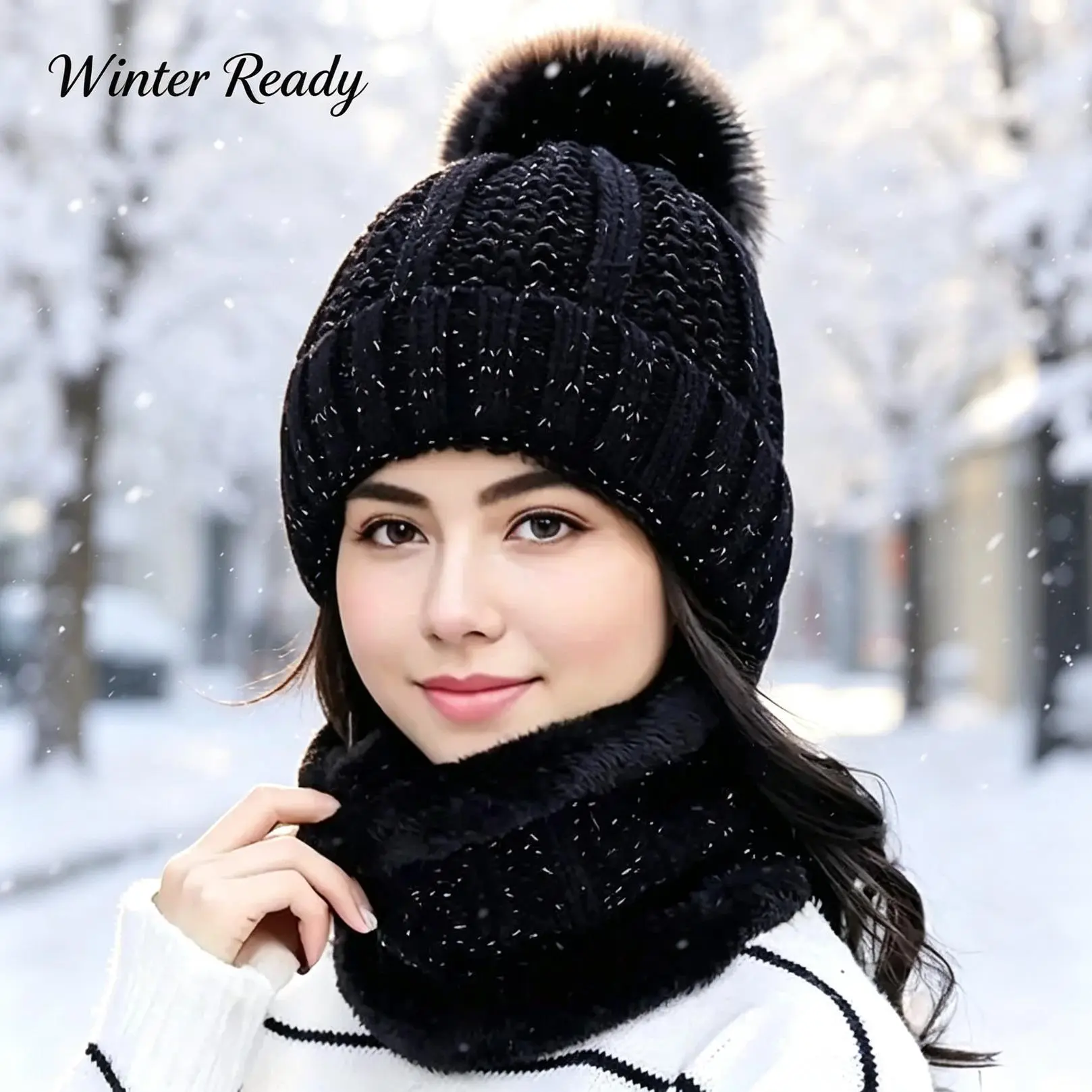 Unisex  Knitted Acrylic Beanie And Scarf Set, Soft Plush Windproof Cold‑Resistant Breathable Flat‑Bill Winter Accessory, One‑Size Solid Outfit For Daily Commute Hiking And Casual Outdoor Activities