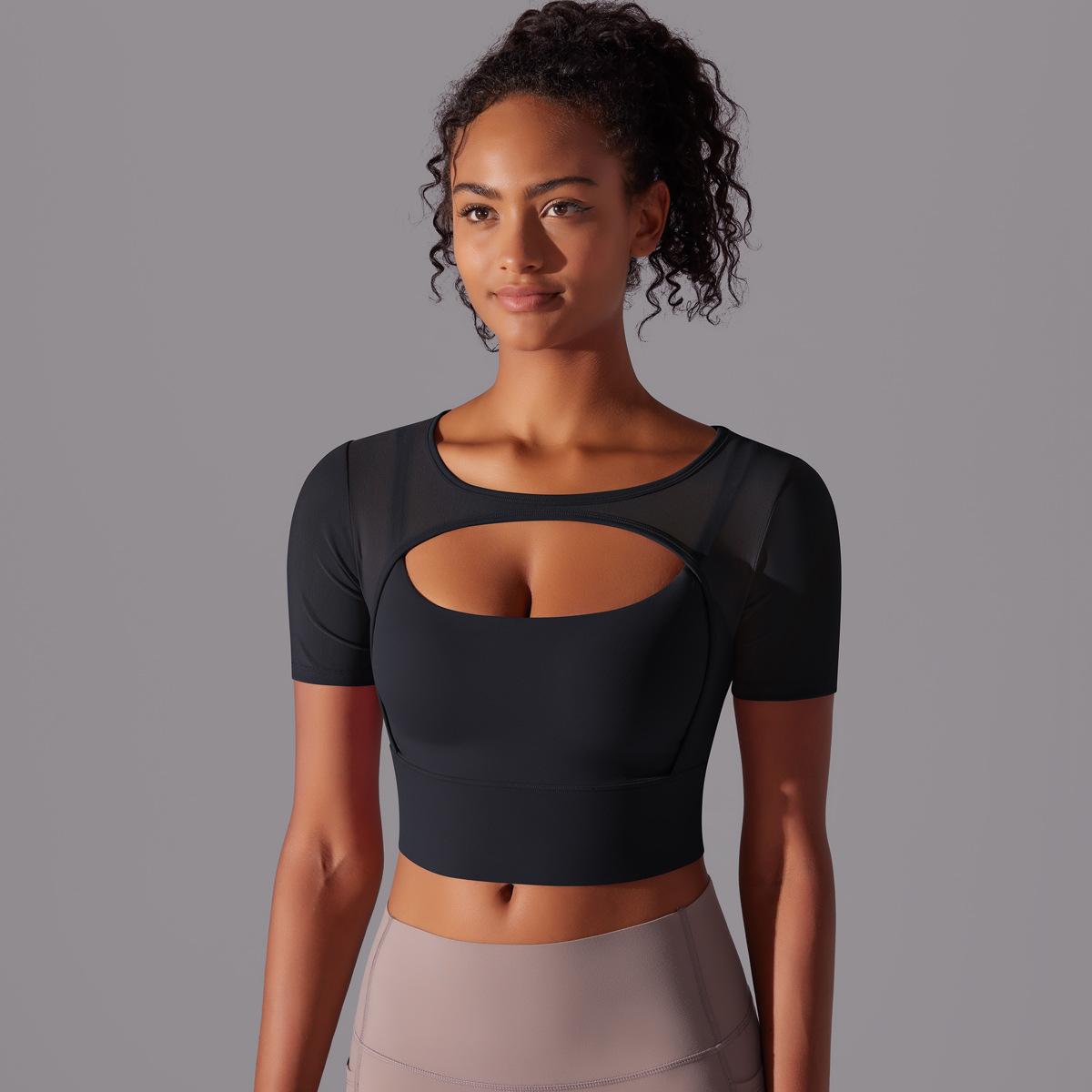 Classic Solid Color Mesh Stitching Double-Layer Short Sleeve Racerback Bra Top Women - Running, Fitness, Yoga Workout Top1123