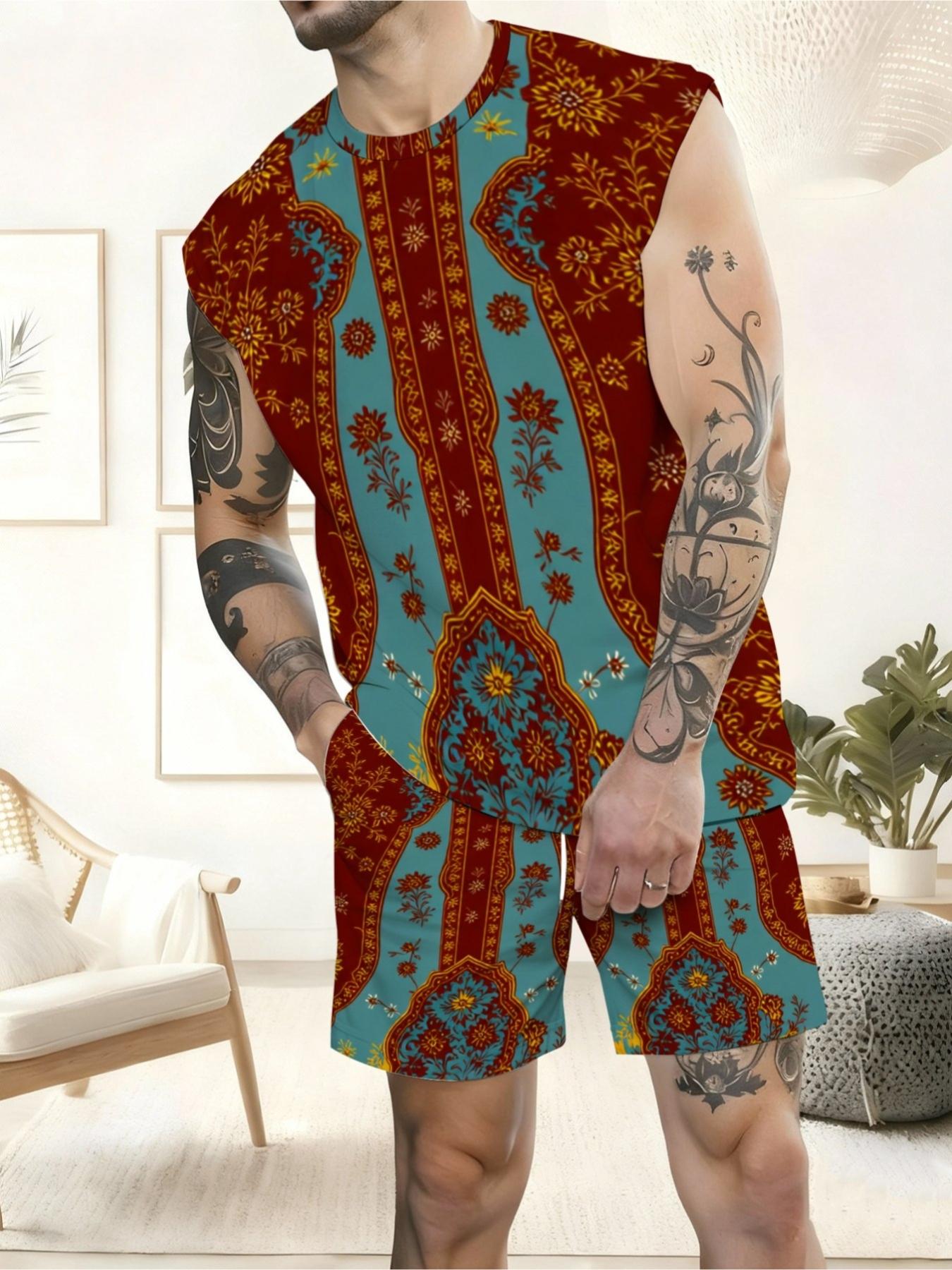Men's Ethnic Print Sleeveless Summer Casual Set