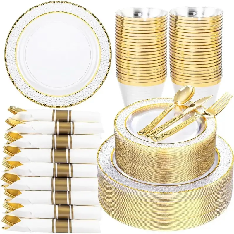 350PCS Clear Plastic Plates with Gold Trim for 50 Guests, Disposable Dinnerware Set for Wedding & Thanksgiving, Includes 100 Plastic Plates, 50 Pre Rolled Napkins with Gold Silverware, 50 Cups