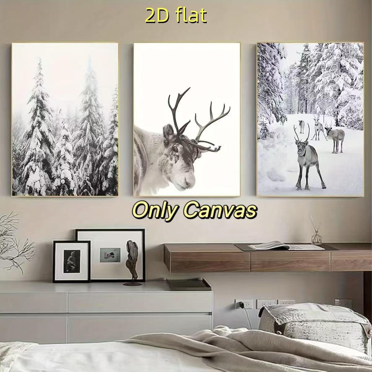 3 reindeer print animal winter canvas posters, Nordic Christmas snow covered trees home decor artwork 2D flat printing frameless painting