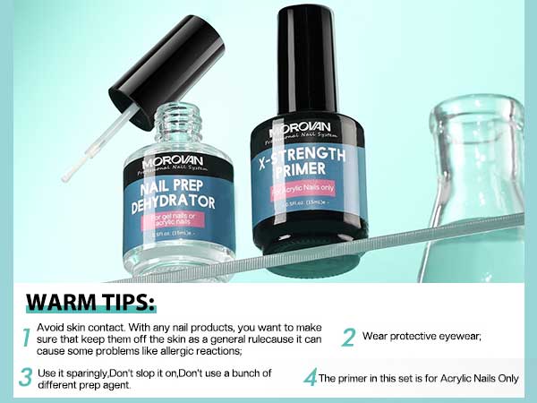 Morovan Nail Prep Dehydrator and Nail Primer X-strength, No Burn Non Acid Nail Primer and Dehydrator for Acrylic Powder Fast Dry 0.5oz Nail Primer Set