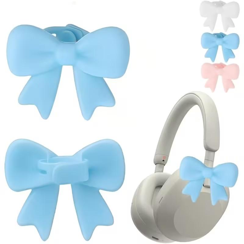 Silicone Bow Headset Accessories, 2 Pack 3D Bow Headset Decoration, Cute Headset Pendant, Girl Heart Silicone Bow Clip, 3 Colors Optional, Aesthetic