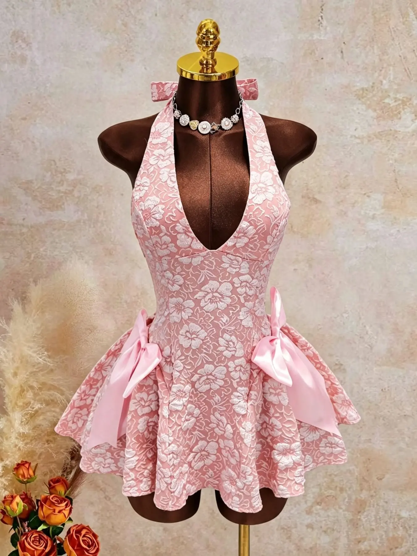 Summer New Sakura Embossed Halter Dress, Bow Sleeveless Dress, Side Large Bowknot Decoration, A-Line Short Skirt, Wedding Bridesmaid/valentine's Day Date Princess Dress