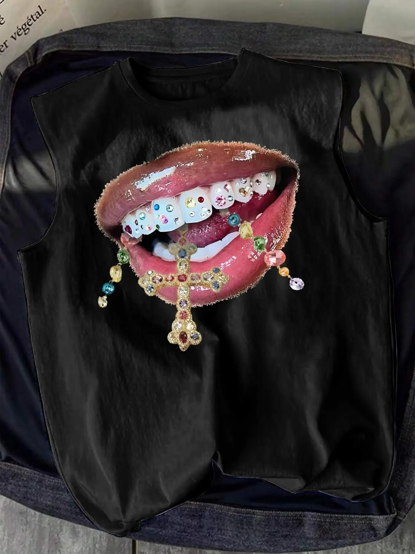 Gothic Sleeveless Top with Rhinestone Lips Cross Jewelry, Fitted Long Casual Graphic Shirt, No Zipper or Button, Made in China